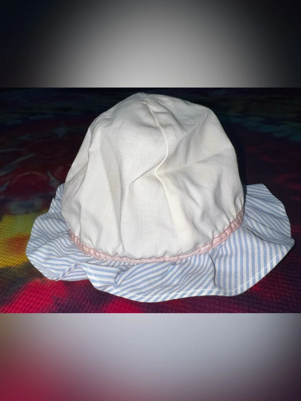 Vintage 90s Baby Bonnet Hat White with Blue Striped Ruffle & Pink Trim